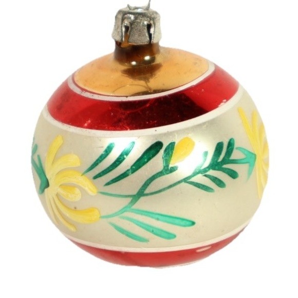 Vintage Christmas Ornament Matte Striped Hand Painted Flower Retro Holiday Decor - Picture 2 of 6